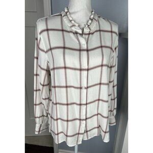 Rails Plaid Ruffle Neck Button Front Cotton Blend Lightweight Soft Blouse